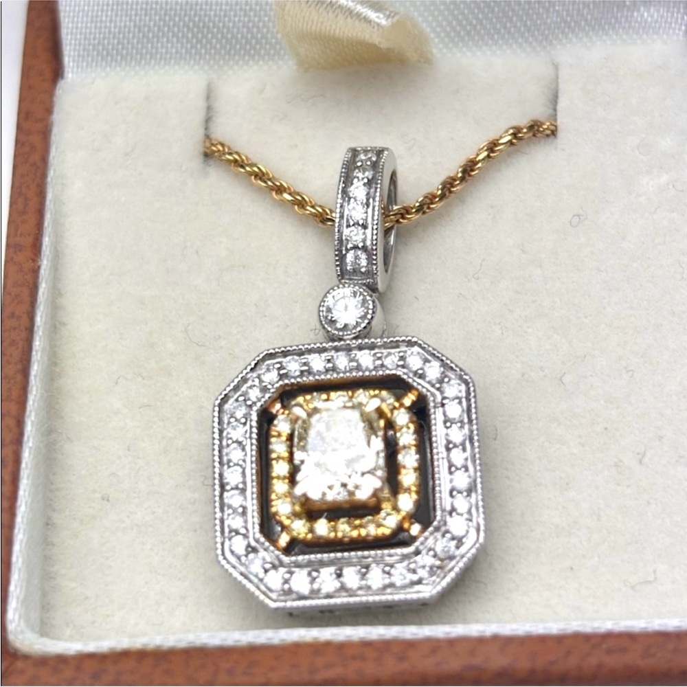 14KT Yellow and Platinum Gold Cushion Round-cut Yellow Diamond Pendant